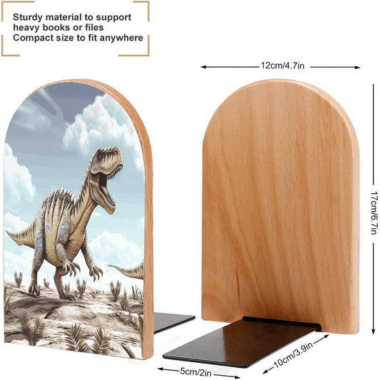 Dinosaur Walking Dinosaur Walking Bookend for Shelves Wooden Book End Large Size Sturdy Book Holders Stoppers with Metal Base for Bookshelves Slick Decorative Bookends Stands
