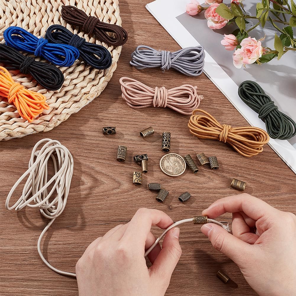 WEBEEDY 11 Yards Elastic Straps for Notebook, 10 Colors Elastic Rubber Cords with 26 Alloy Decorative Beads for DIY Bookmark Making and Standard Journal Connection Strap Replacements