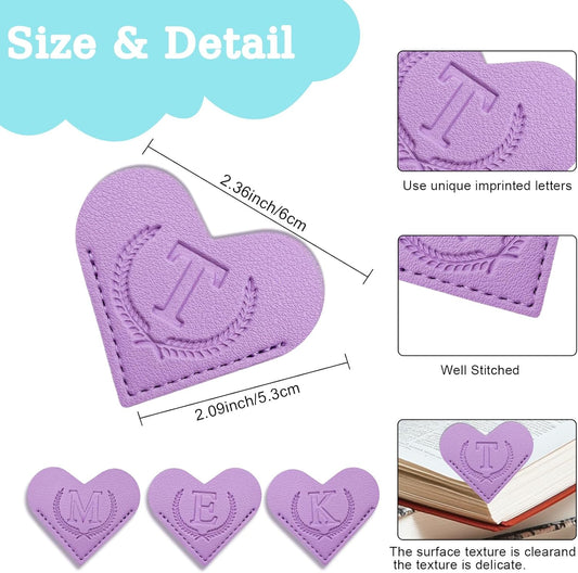 XIANGYUAN Personalized Leather Heart Bookmark with Initial,Cute Bookmarks 26 Letters Corner Book Marks for Reading Women,Men, Kids,Book Accessories for Book Lovers Gifts(Purple T)