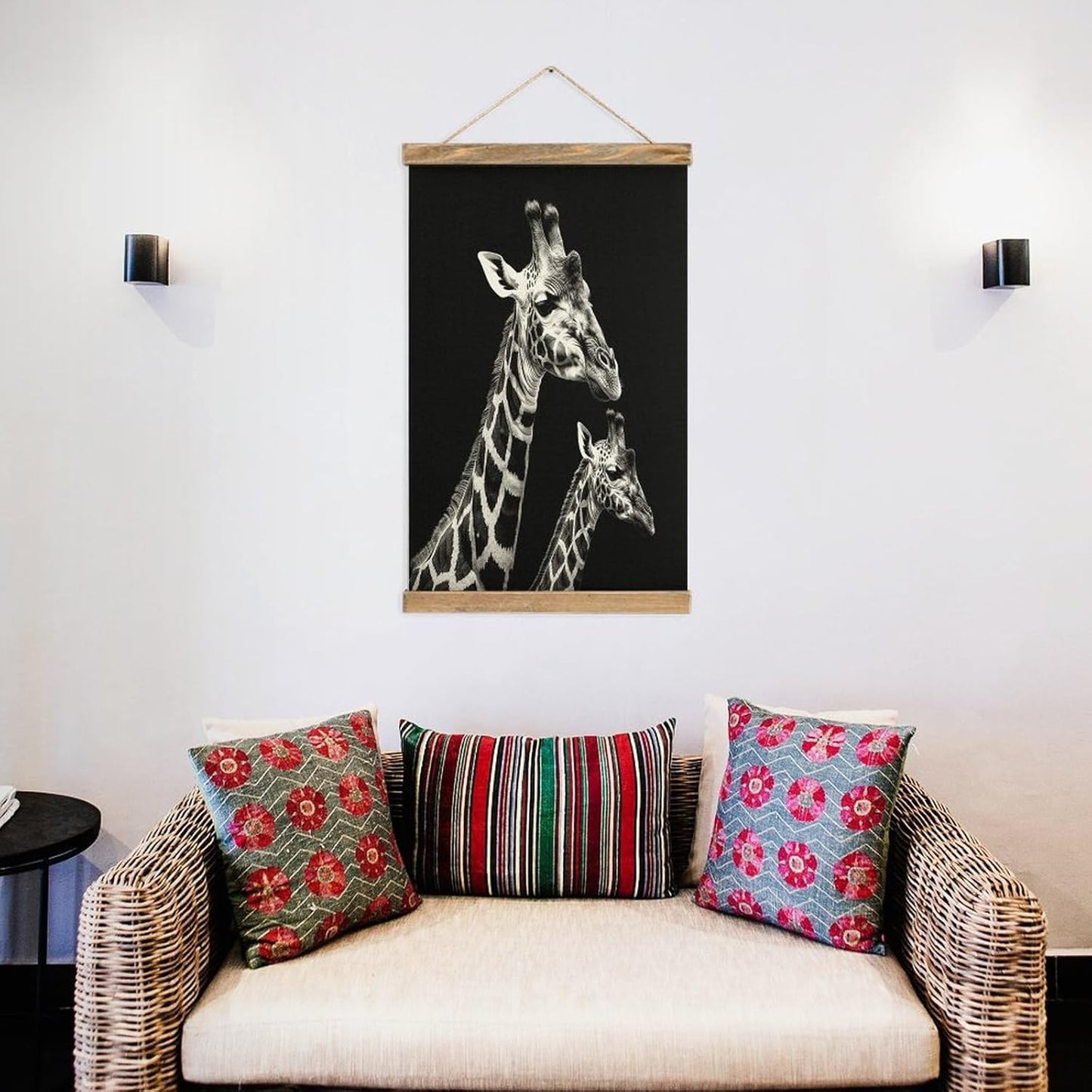 Vintage Black Giraffe Poster with Wooden Frame Personalized Linen Hanging Scroll Painting Rustic Wall Hanging Illustrative Modern Artwork Decor for Home Living Room Bedroom Office