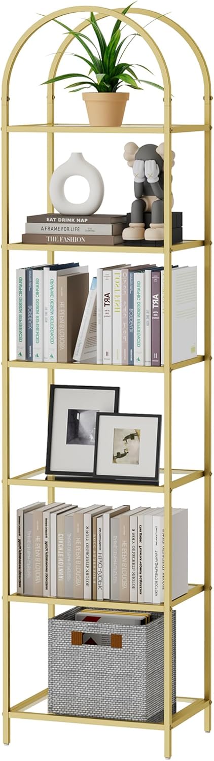 Homhedy Bookshelf Arched Display Racks,Metal Bookcase,Tempered Glass Shelves,Storage Rack Shelf for Home Office,Living Room,Bedroom, Bathroom,Modern Style (Golden, 11.8" D x 13.8" W x 68.1" H)