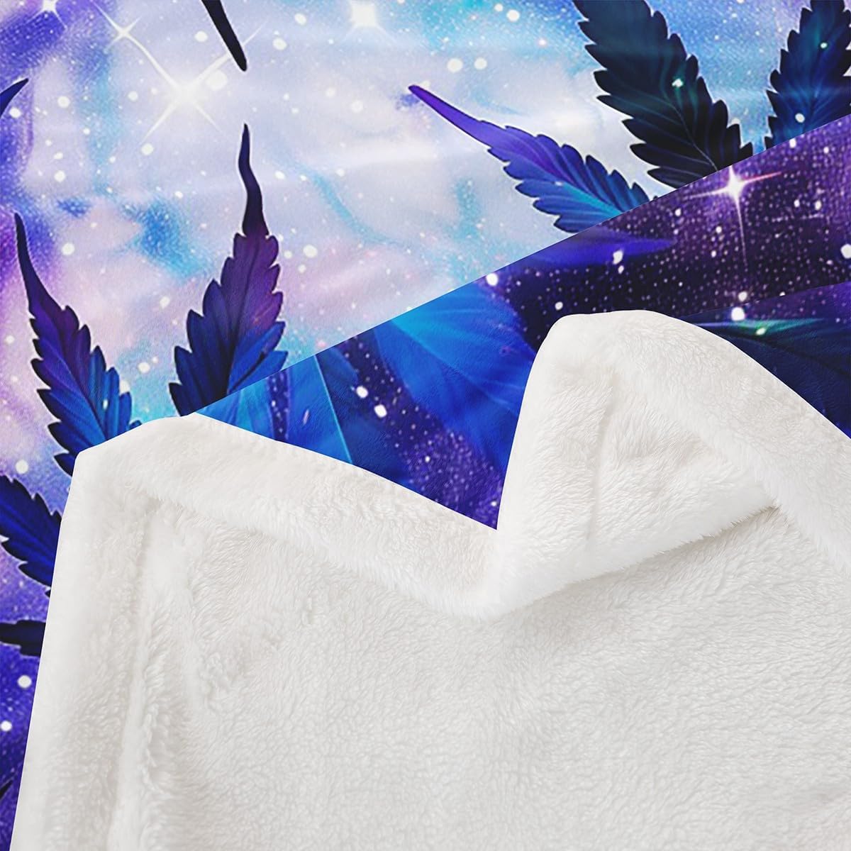 Weed Sherpa Bed Blanket Starry Galaxy Nebula Flannel Fleece Throw Blanket for Sofa Couch Tropical Leaves Plant Ultra Soft Bed Blanket Blue Purple Blanket 90"x90"