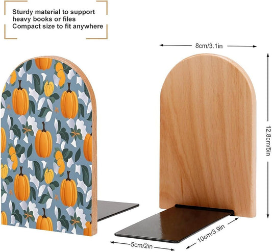 Orange Pumpkin Pattern Bookends 1 Pair Heavy Duty Book Ends for Shelves Non-Skid Bookend Supports Wooden Book Holders with Metal Base Desk Organizers Books Storage to Hold Books