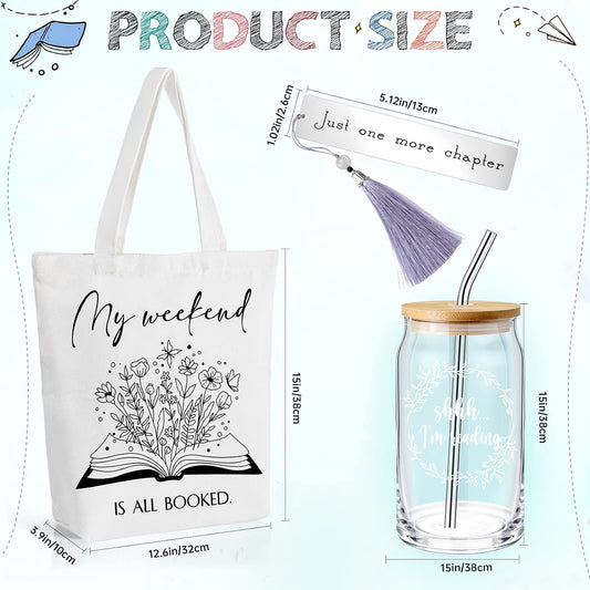 Inbagi Book Lover Gifts Bookish Set Include 16oz Drinking Glass with Bamboo Lid and Straw Stainless Steel Bookmark for Librarian Reader Club Bookworm Women(13 x 15 x 4'', Elegant)