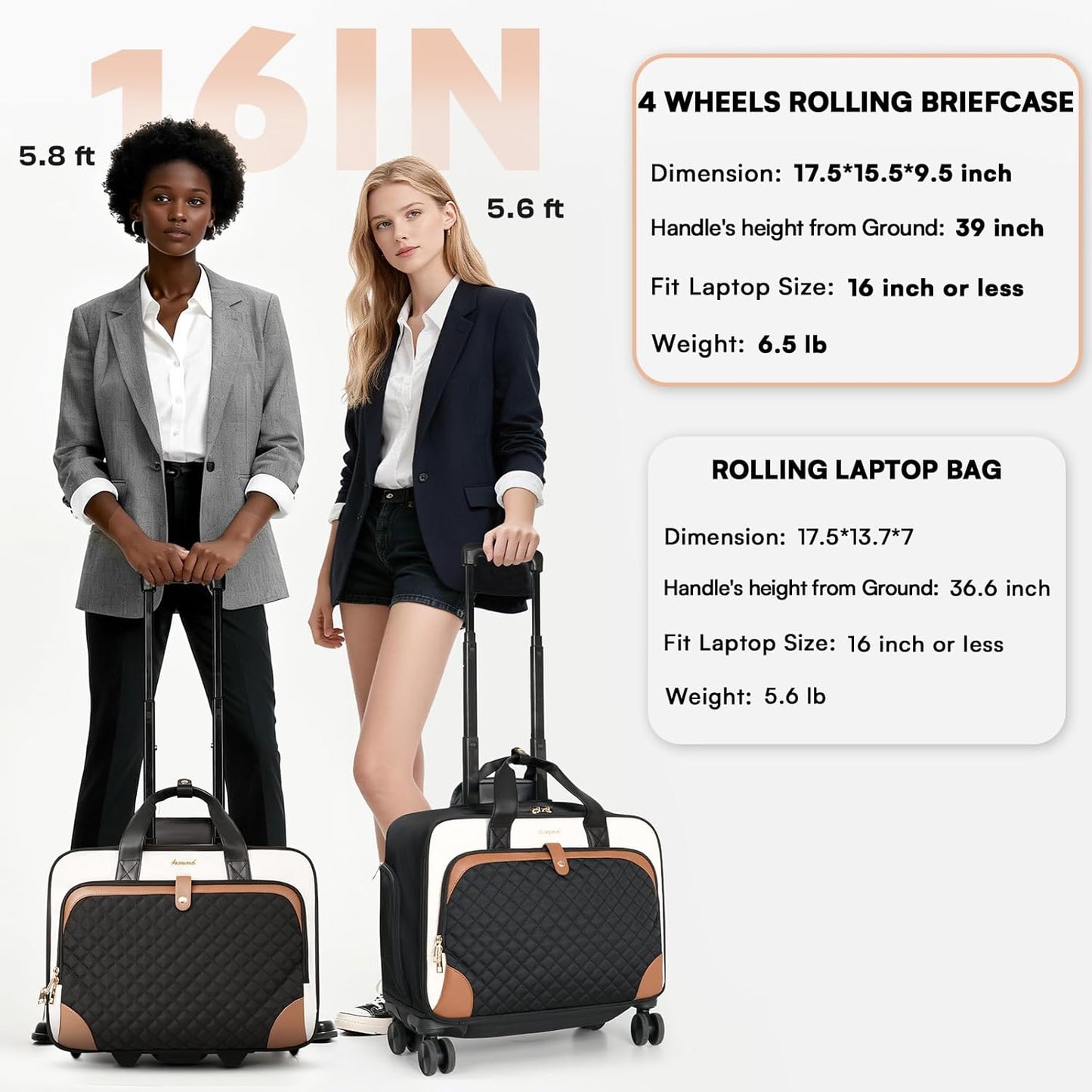 Rolling Laptop Bag with 4 Spinner Wheels, Rolling Briefcase for Women with Lock, 16 Inch Computer Bag with Telescopic Handle, Overnight Laptop Bag with Wheels for Work Travel Business, Beige Brown