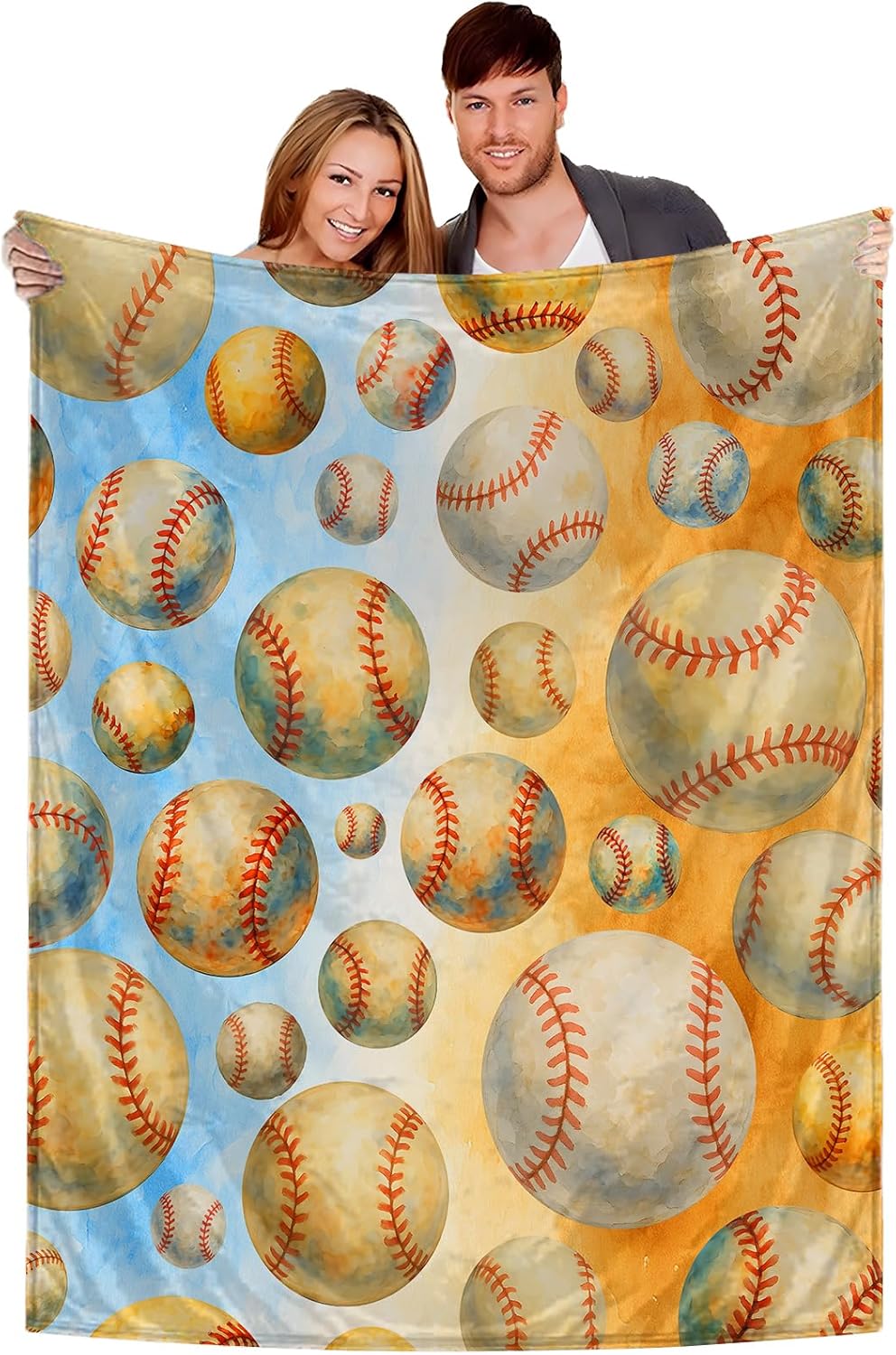 Baseball Throw Blanket 50x60 - Soft Flannel Fleece, Boys Sports Room Decor, Cozy Kids Couch & Bed Gift, Watercolor Red Stitching
