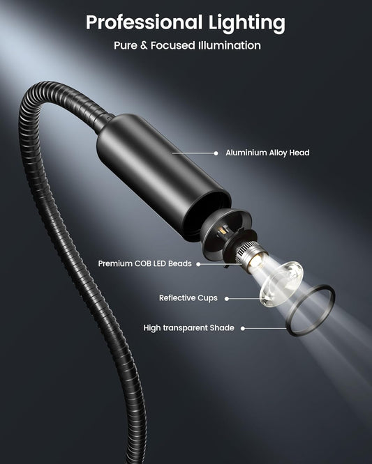 Glocusent Clip on Light: 10 Brightness Levels from 20 to 180LM LED Reading Light with Clamp and Flexible Gooseneck - Eye Caring Book Lights for Reading at Night, Clip on Desk Bed Headboard