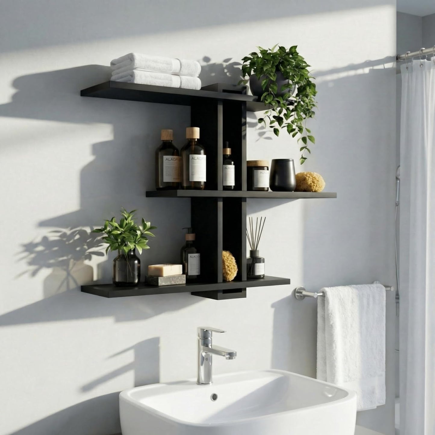 Black Floating Shelves, 3 Tier Pine Wood 20 Inch Large Wall Mounted Shelf, Storage Display for Plants Photos Books, Bathroom Bedroom Living Room Kitchen Home Office Decor