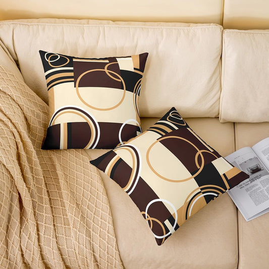 Modern Geometric Throw Pillow Covers 20x20 Set of 4 Brown Black Stripes Cushion Covers For Lumbar Support Bedroom Retro Circle Swirls Pillow Covers Abstract Texture Decorative Accent Pillow Cases