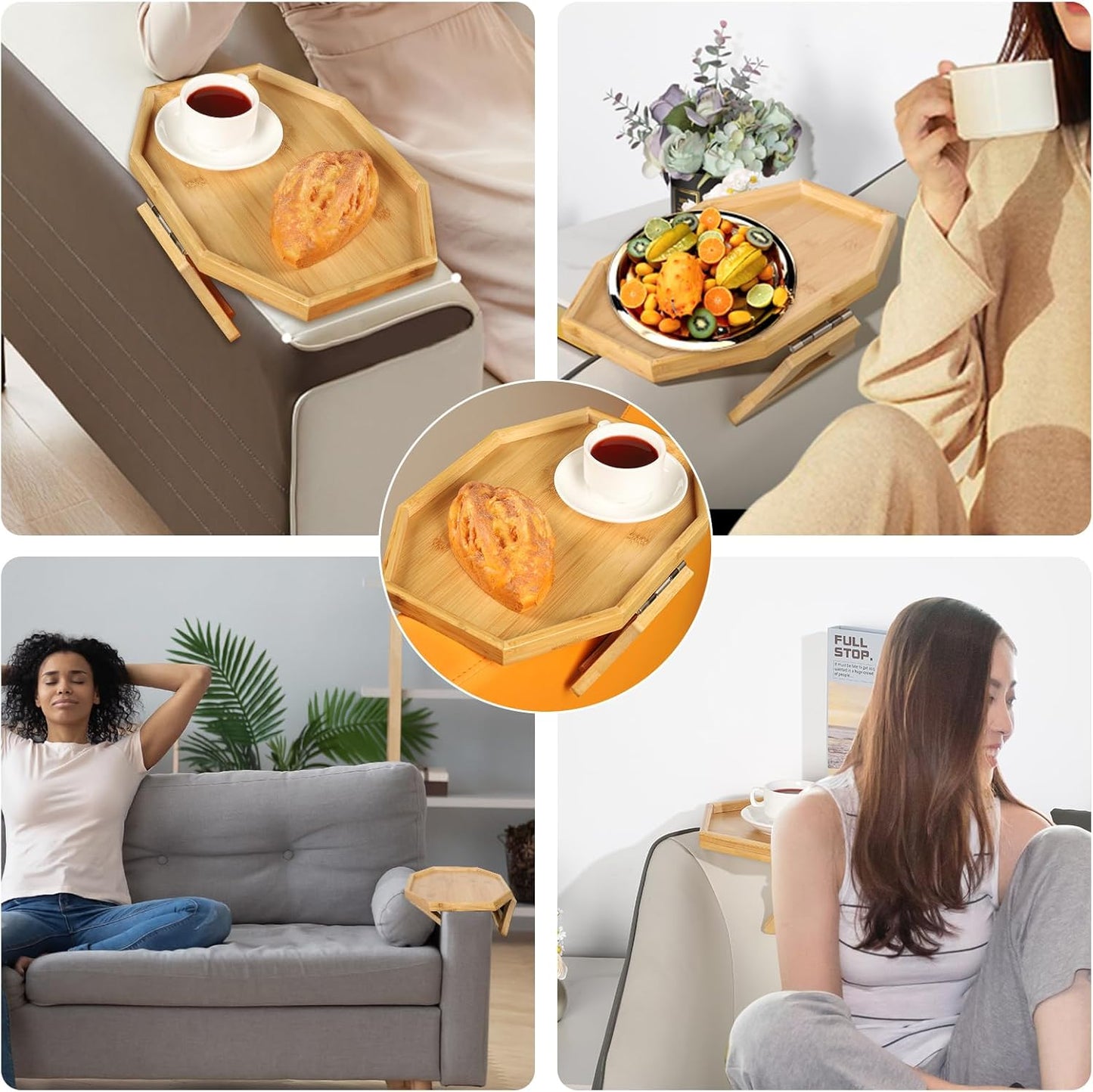 Couch Arm Tray, Bamboo Sofa Tray Table Clip on Side Table, Foldable Couch Arm Table for Eating, Drinks, Snacks, Remote, Control as Housewarmings, Wedding, Bridal Shower Gifts