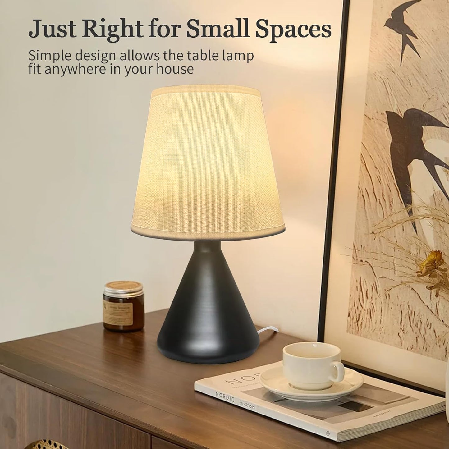 Hyphenx USB Powered Farmhouse Bedside Lamp 10 dimming Steps 3 Color Modes for Bedroom, Nightstand Table Lamp with Fabric Shade, Desk Lamp for Kids Reading and Home Office (Black)