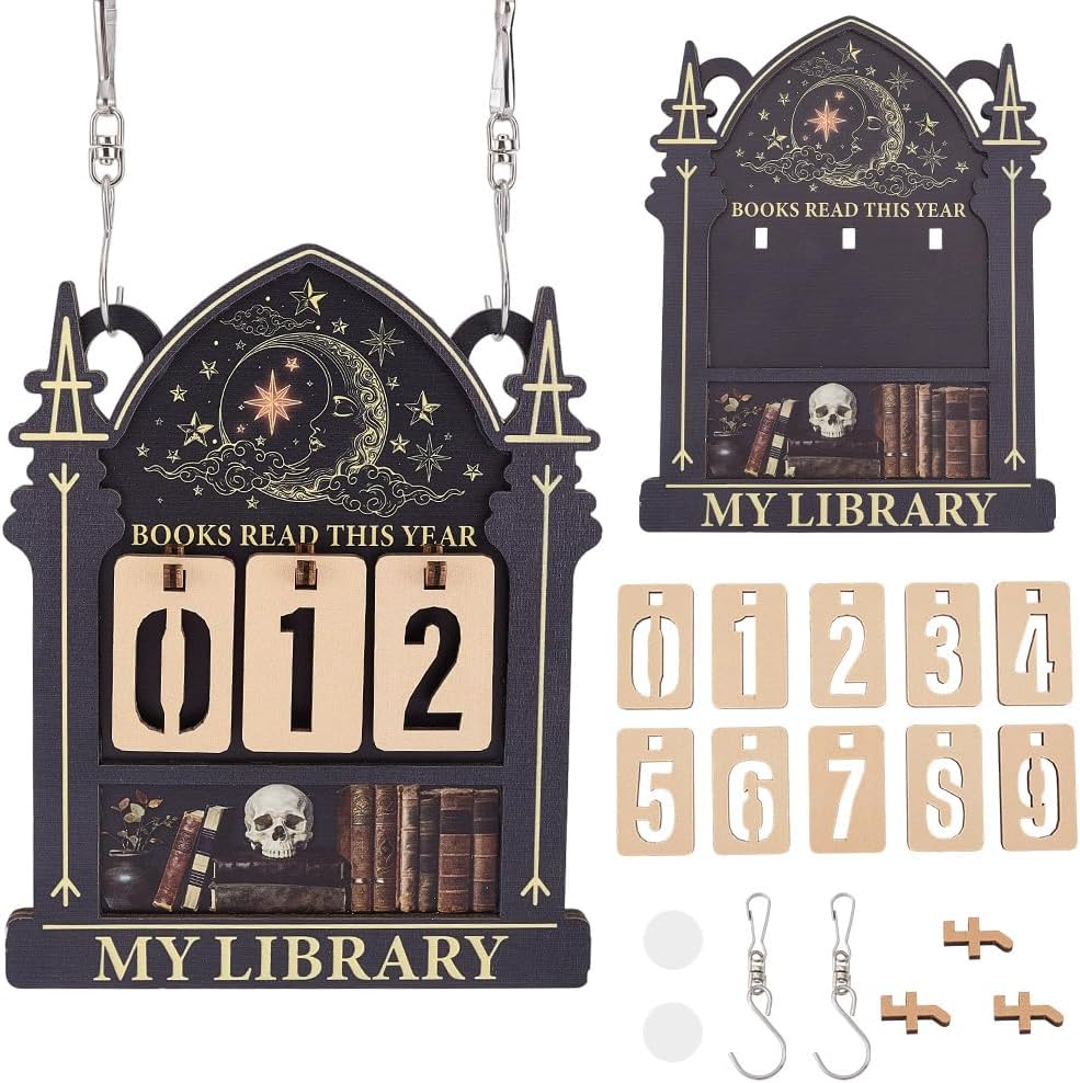 Books Read This Year Counter 7.5 x 5.9 x 0.2 Inch Book Shelf Reading Tracker for Home Library Decoration Moon Skull Design Wooden Counter Sign for Librarian Reader Bookworm Wall Accessories