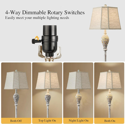 65'' Rustic Floor Lamp for Living Room with 2 Light Sources, Hollow Out Nightlight Resin Farmhouse Tall Standing Lamp for Bedroom Office Corner, Bulb Included (Wash White)