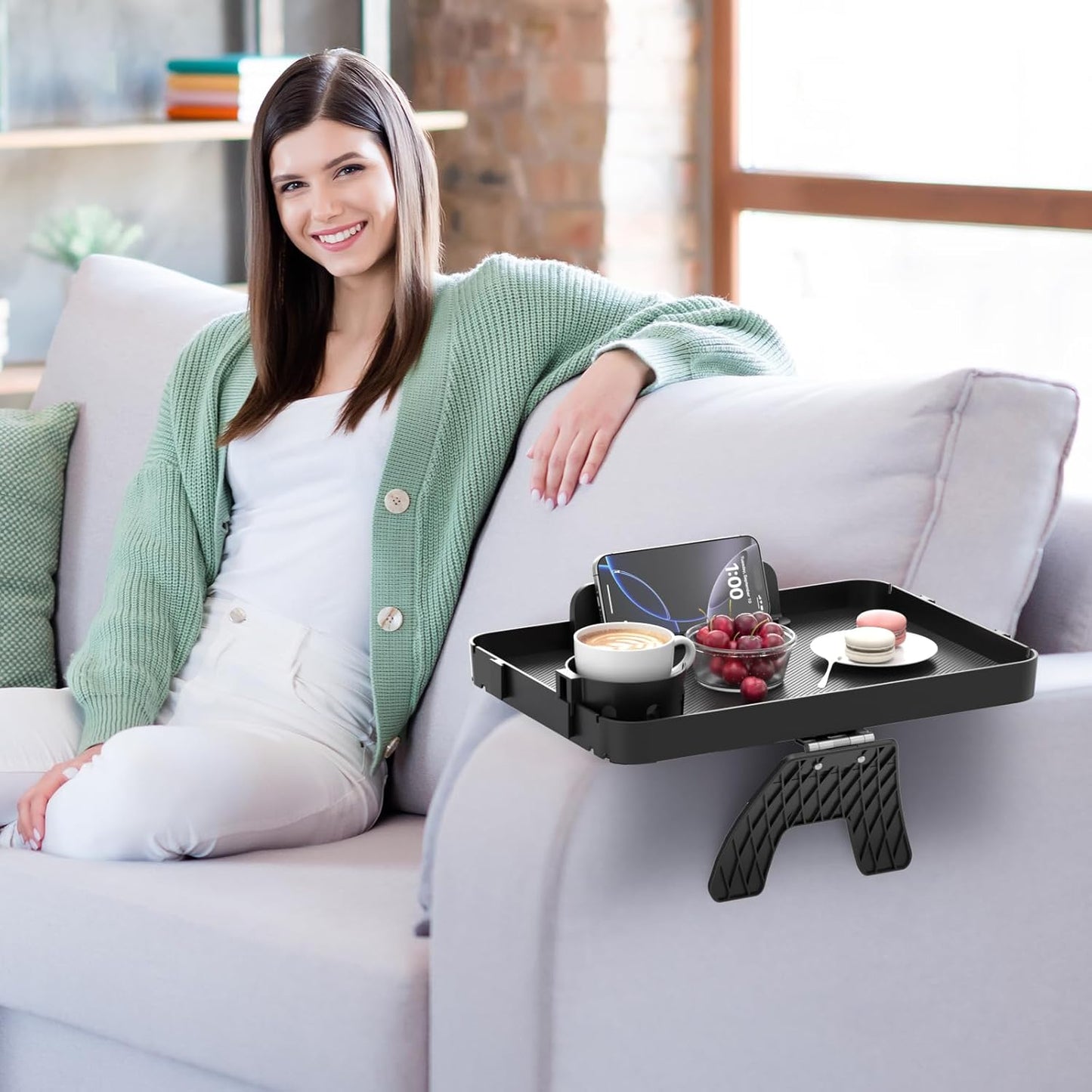Couch Armrest Table Couch Arm Tray Cup Holder Plastic Armchair Caddy Recliner Arm Caddy Large Sofa Armrest Organizer Adjustable Clip on Snack Tray Drink Holder Removable Phone Pad Holder 16.38x11.02''