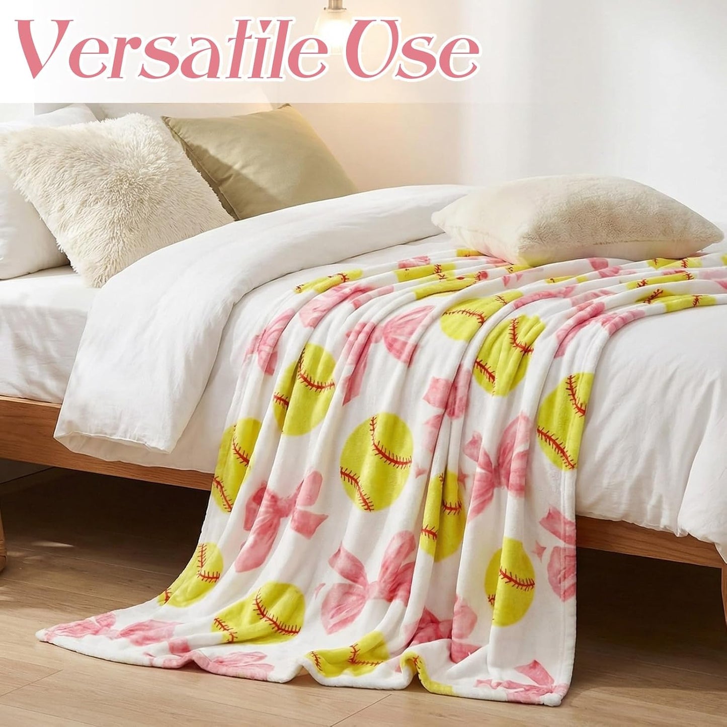 Softball Blanket 50''x60'', Coquette Pink Bow Soft Throw Blanket Softball Gifts for Girls Women Team Players Coach Unique Gifts for Sports Lovers