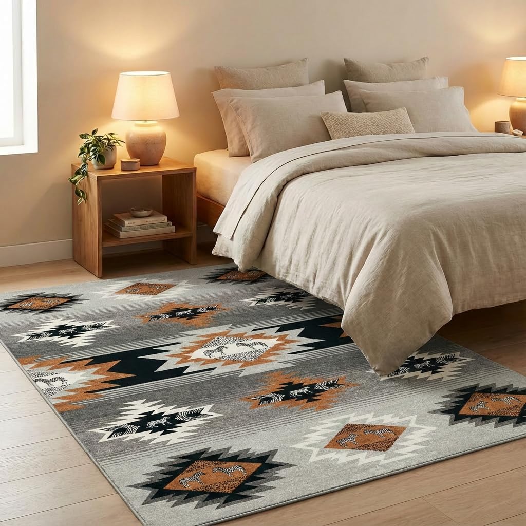5x7 Area Rugs for Living Room: Gradient Gray & Terracotta Tribal Southwestern Zebra Geometric Area Rug Washable Non-Slip Backing for Living Room Bedroom Leisure Area Decor