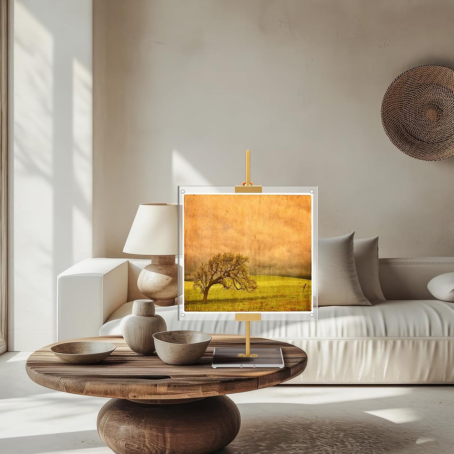 RattanView Gold Adjustable Metal Easel Stand with Acrylic Floating Photo Frame 16.5" Tabletop Metal Standing Easel Display Stand for Display Picture, Frame, Photos, Art, Poster, Signs