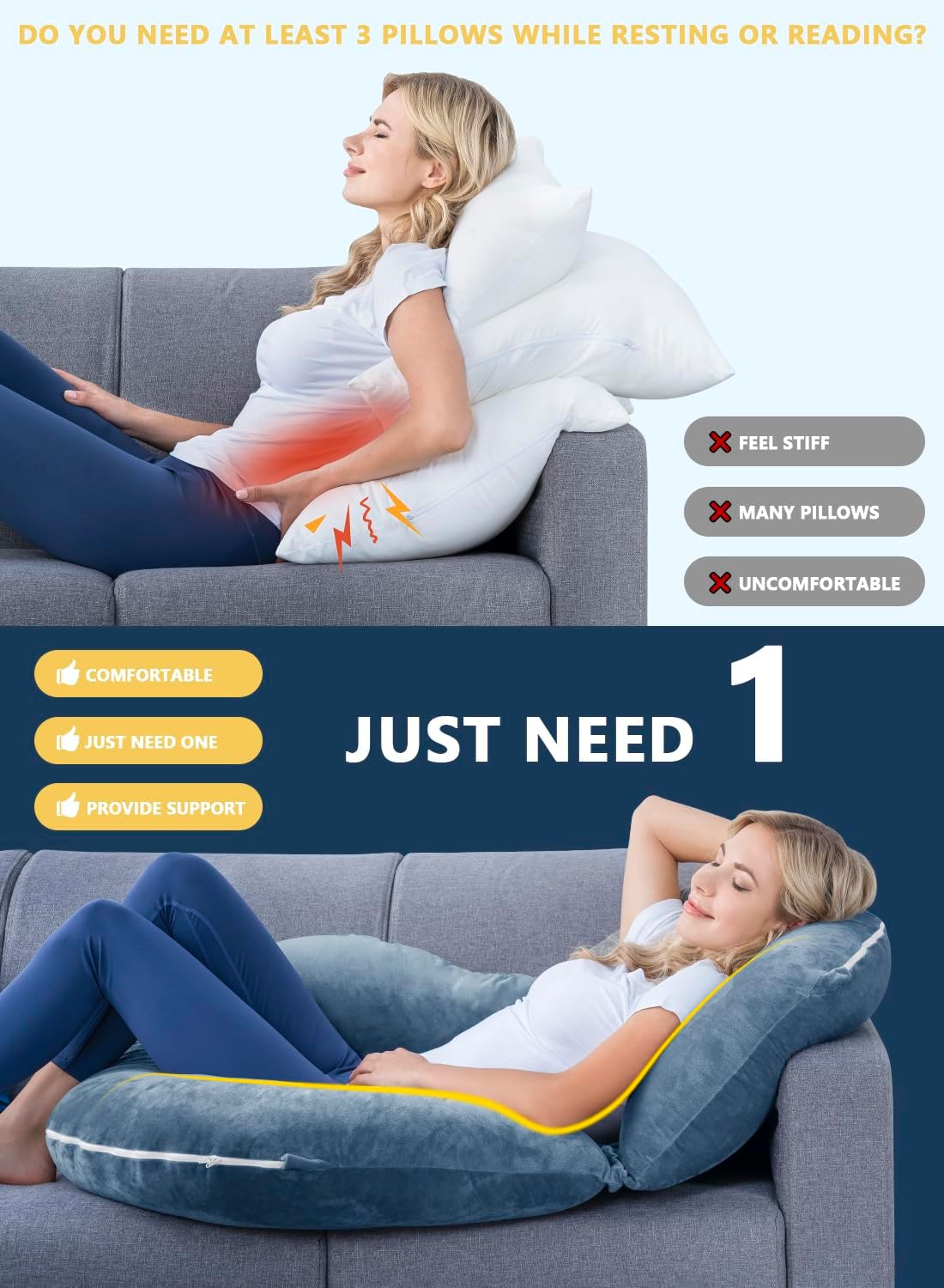 INSEN Reading Pillow, Back Pillow for Sitting in Bed for Reading, Nurse & Relax, Reading Pillow for Adults, Moms & Kids, Sit Up Pillow for Bed, Blue