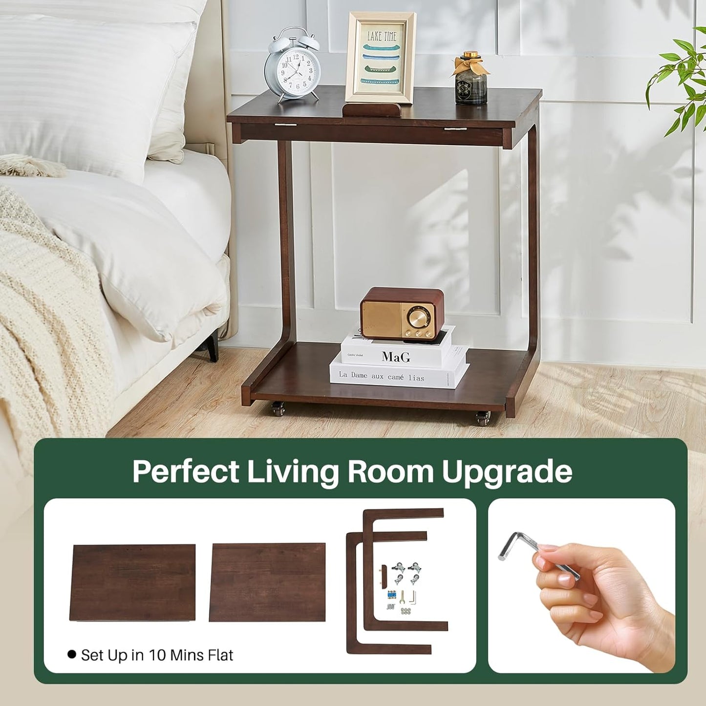 C Shaped End Table with Wheels - Solid Wood Rolling C Shape Small Side Table for Couch, Wooden Tv Tray Bedside Tables for Sofa Living Room Bedroom, Brown, 15.4 in x 23.6 in x 24.8 in