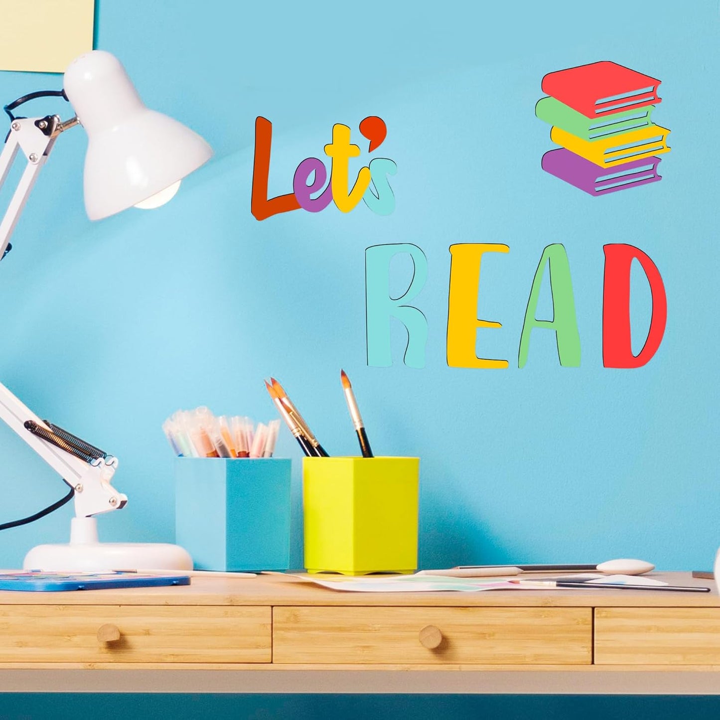 Let's Read Sign Wall Decals Colorful Reading Rooom Wall Decor Stickers Reading Nook Wood Sign Decals Decor Removable Motivational Walls Sicker for Kids Bedroom Playroom Nursery Library Classroom Decor