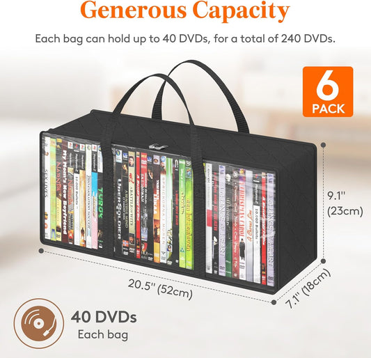 Lifewit DVD Storage Bags 6 Pack, Clear PVC Plastic DVD Organizer with Handles and Zipper, Media Holder for Blu Ray Disc, Movie Cases, VHS Box, Video Game Disks, Albums, Holds 240 Pcs DVDs (40 Each)