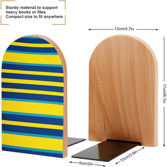 Yellow and Blue Stripes Bookend for Shelves Wooden Book End Large Size Sturdy Book Holders Stoppers with Metal Base for Bookshelves Slick Decorative Bookends Stands