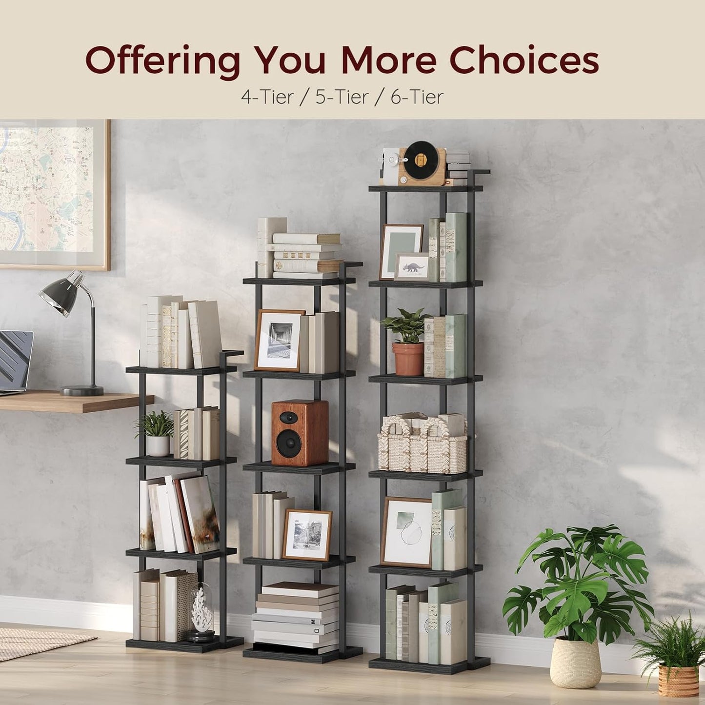 Bookshelf, 4-Tier Bookcase, Vertical Tall Narrow Book Shelf for Small Space, Open Storage Display Shelf with Stable Base & Anti-Tip Kits, for Living Room, Office, Study, Black BKBK11401