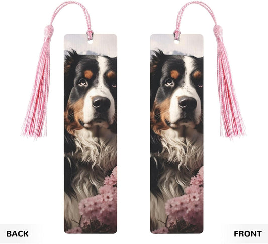 Bernese Mountain Dog Bookmarks Gifts for Women Men, Wooden Bookmarks for Book Lovers, Vintage Book Marks Ornaments with Tassel, Unique Personalized Reading Page Markers Pink