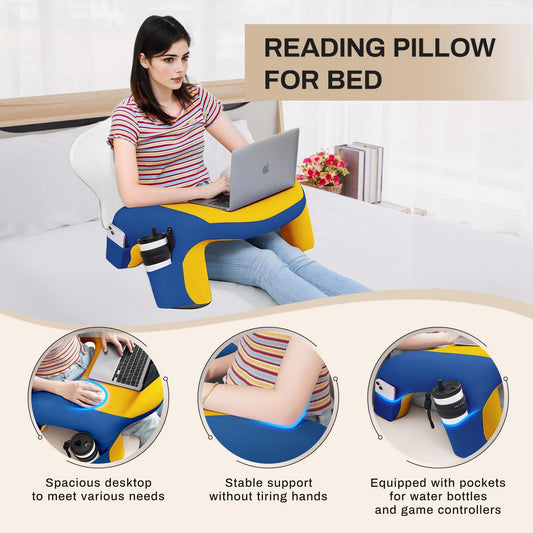 Reading Pillow, Gaming Pillow for Lap, Bed Desk for Laptop and Writing, Memory Foam Lap Desk for Reading, Working, Playing Steam Deck Switch or Sitting in Bed, Floor Sofa- Yellow