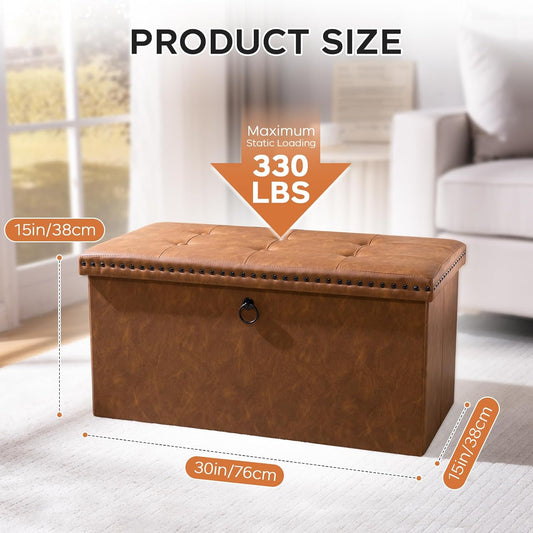 30 Inches Folding Storage Ottoman Bench, Ottoman PU Leather Tuffed End of Bed Bench, Foot Rest with Rivet Design, Ottoman with Storage, Load 330 lb, for Living Room, Bedroom, Entryway, Brown