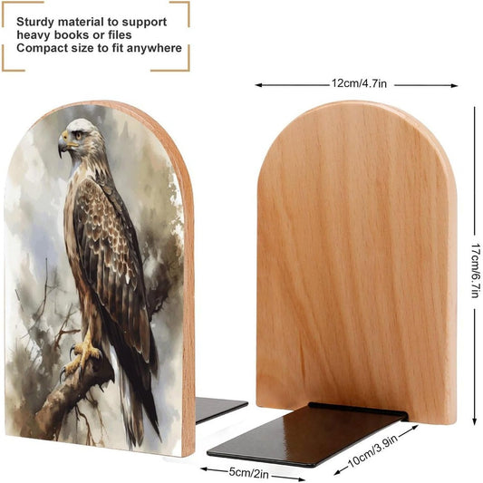 Watercolor of Hawk Sitting in The Tree Bookend for Shelves Wooden Book End Large Size Sturdy Book Holders Stoppers with Metal Base for Bookshelves Slick Decorative Bookends Stands