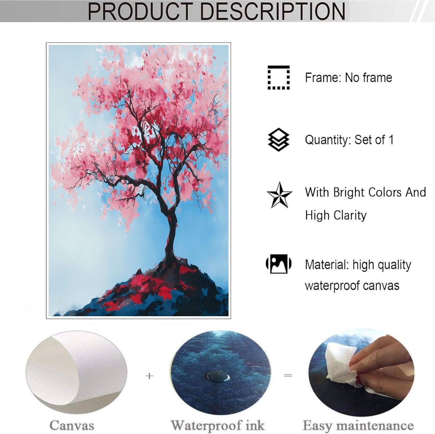 GDJSMIN Fantasy Ink Painting Wall Art, Pink Cherry Blossom Tree Poster For Reading Room Living Room Decor 16X 24 Inch Unframed