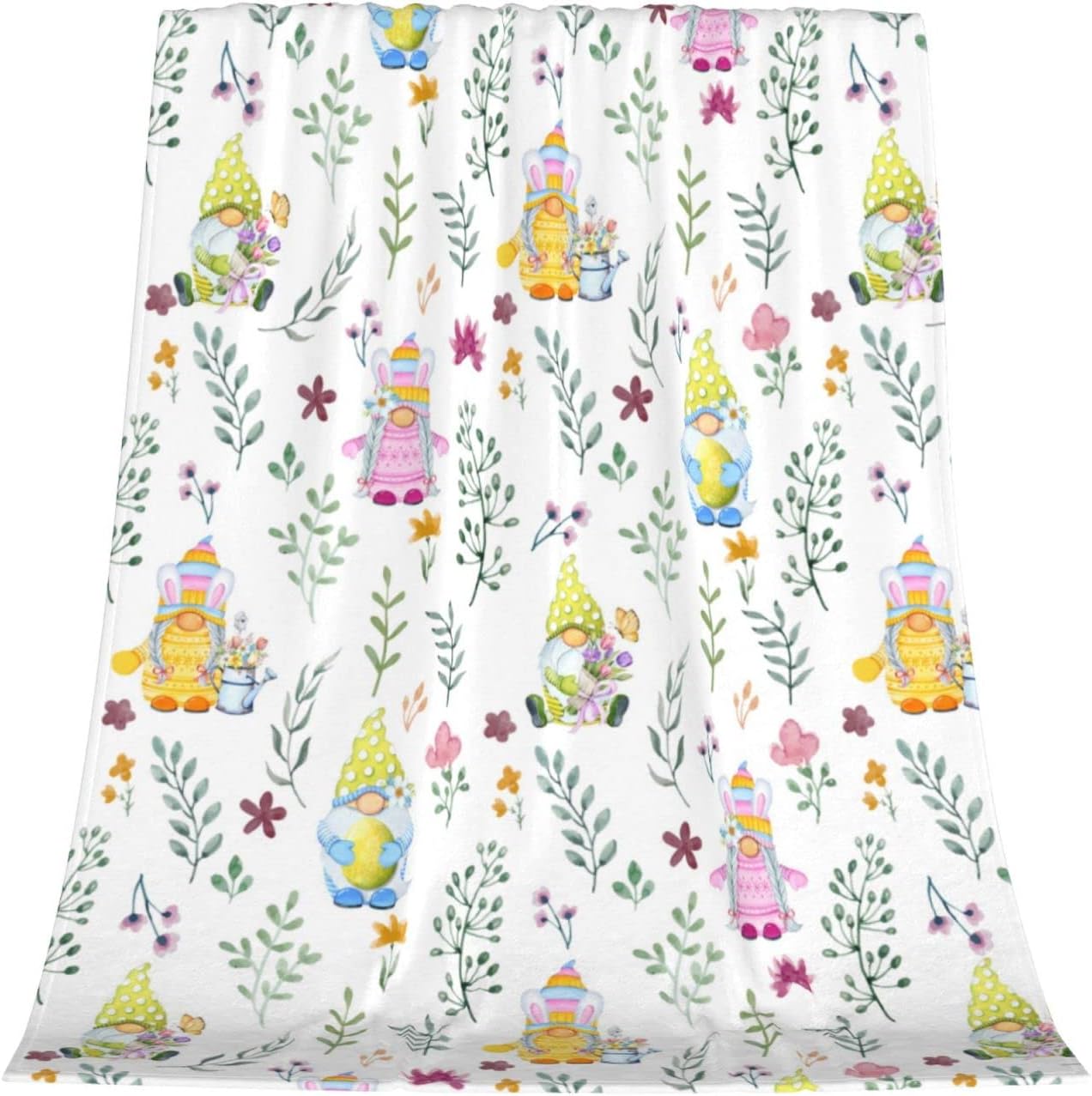 Easter Gnome and Flower Throw Blanket Spring Cute Easter Egg Lightweight Soft Cozy Flannel Fleece Blankets for Bed Living Room Bedroom Couch Chair Sofa Travel Easter Gifts 40" x 50"