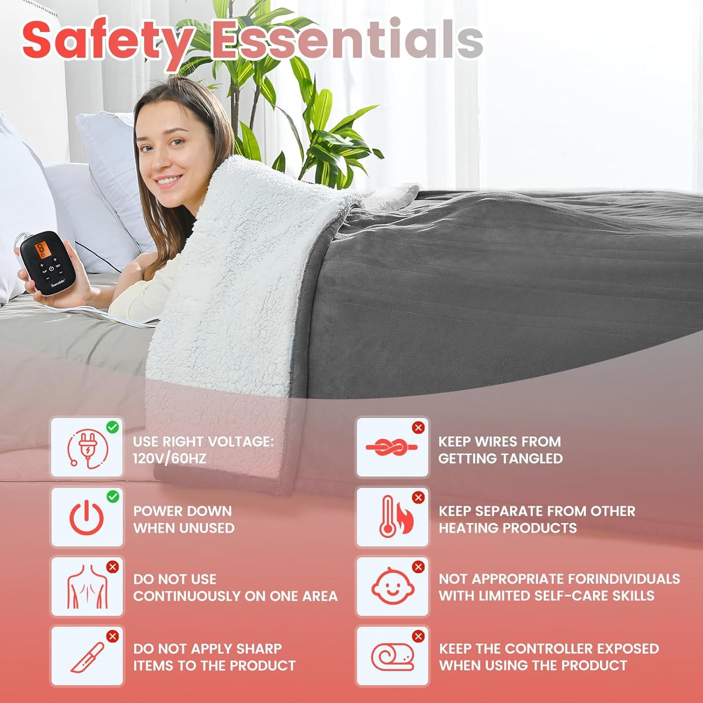 Sunable Heated Electric Blanket - Machine Washable Blanket with Time Settings Heat Settings Twin Size 62×84 inches, ETL Certified, Grey - Velvet & Sherpa