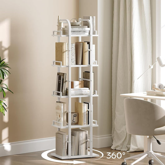 5 Tier Rotating Bookshelf, Freestanding Corner Bookshelf, 360 Spinning Bookcase Tower, Tall Industrial Style Organizer, Storage Shelf Bookcase for Living Room, Study, White SJ02WW