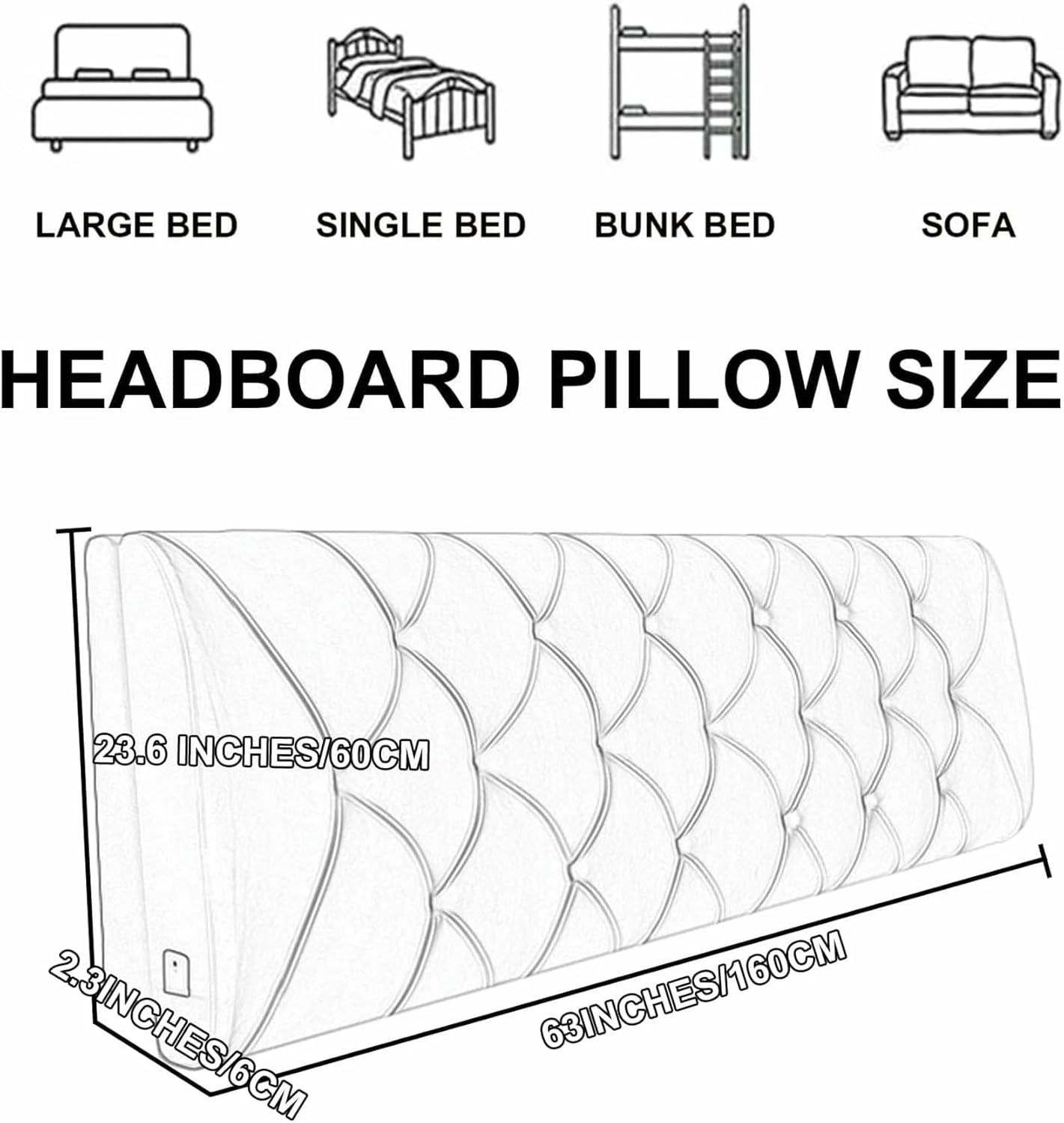 Beige,Straps/59x23x2In,Bedside Cushion Rectangular Large Bed Backrest Fleece Headboard Pillow Solid Color Lumbar Support Upholstered Removable Daybed Bunk Bed Bolster