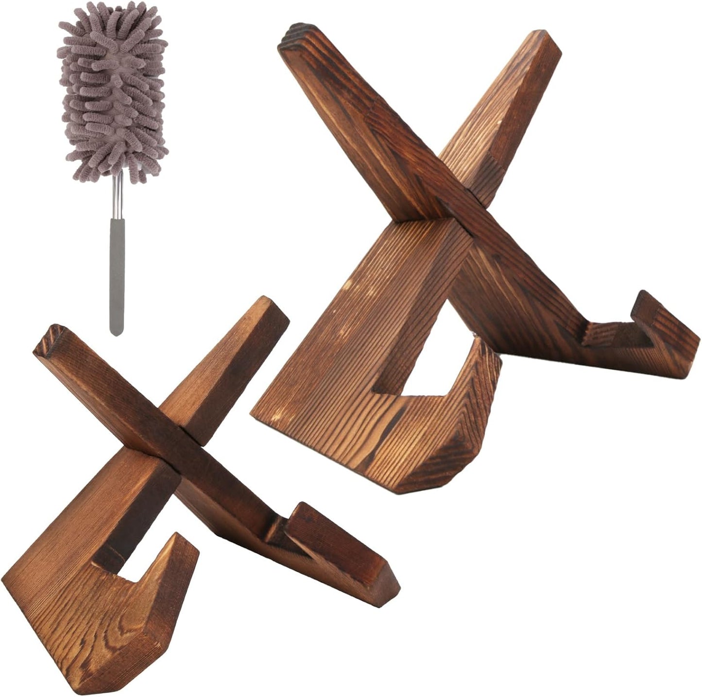 2 Pack Wooden Display Stands with Mini Duster, Easel Plate Bowl Holders for Display Frame Platter Dish, Decorative Stand for Cookbook Art Vinyl Record Photo Artist Home Office Collector (6" & 7.8")
