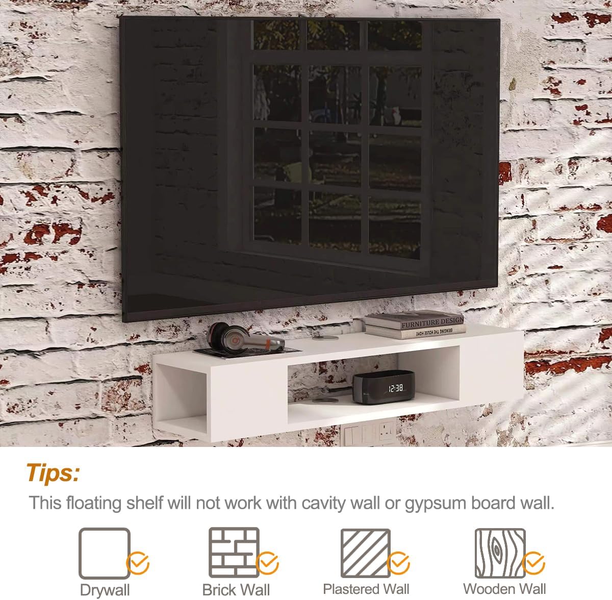 GHC Floating TV Stand, Wall Mounted Entertainment Center and Cabinet Shelf, Media Console for DVD Player, Space-Saving Under TV Shelf for Bedroom, Living Room (White)