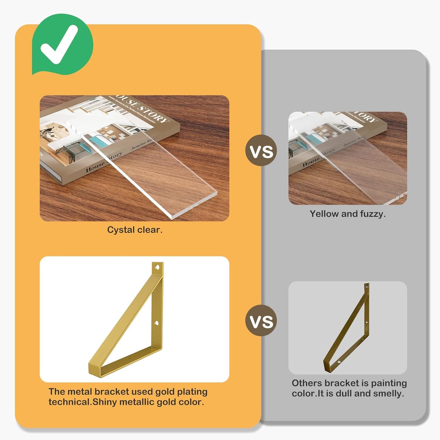 Clear Shelves, Gold Floating Shelves Wall Mounted Set of 2, 8mm Transparent Acrylic, Invisible Wall Shelves for Bedroom, Living Room, Bathroom, Kitchen, Office Display Decor (13in)