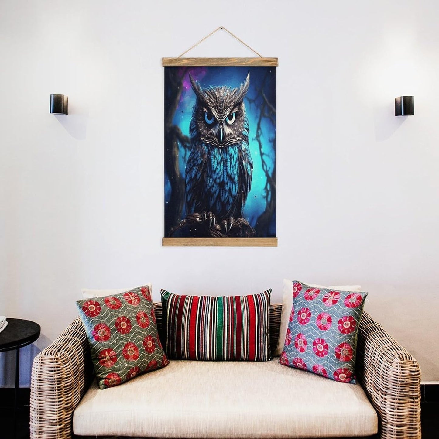Vintage Blue Owl Poster with Wooden Frame Personalized Linen Hanging Scroll Painting Rustic Wall Hanging Illustrative Modern Artwork Decor for Home Living Room Bedroom Office