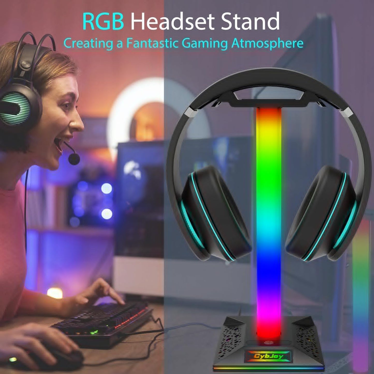 Gaming Headphone Stand PC Accessories - RGB Headset Stand with 2 USB and 1 Type-C Ports, LED Headphone Stand Gift for Boys Men, Computer Game Accessories for Desk