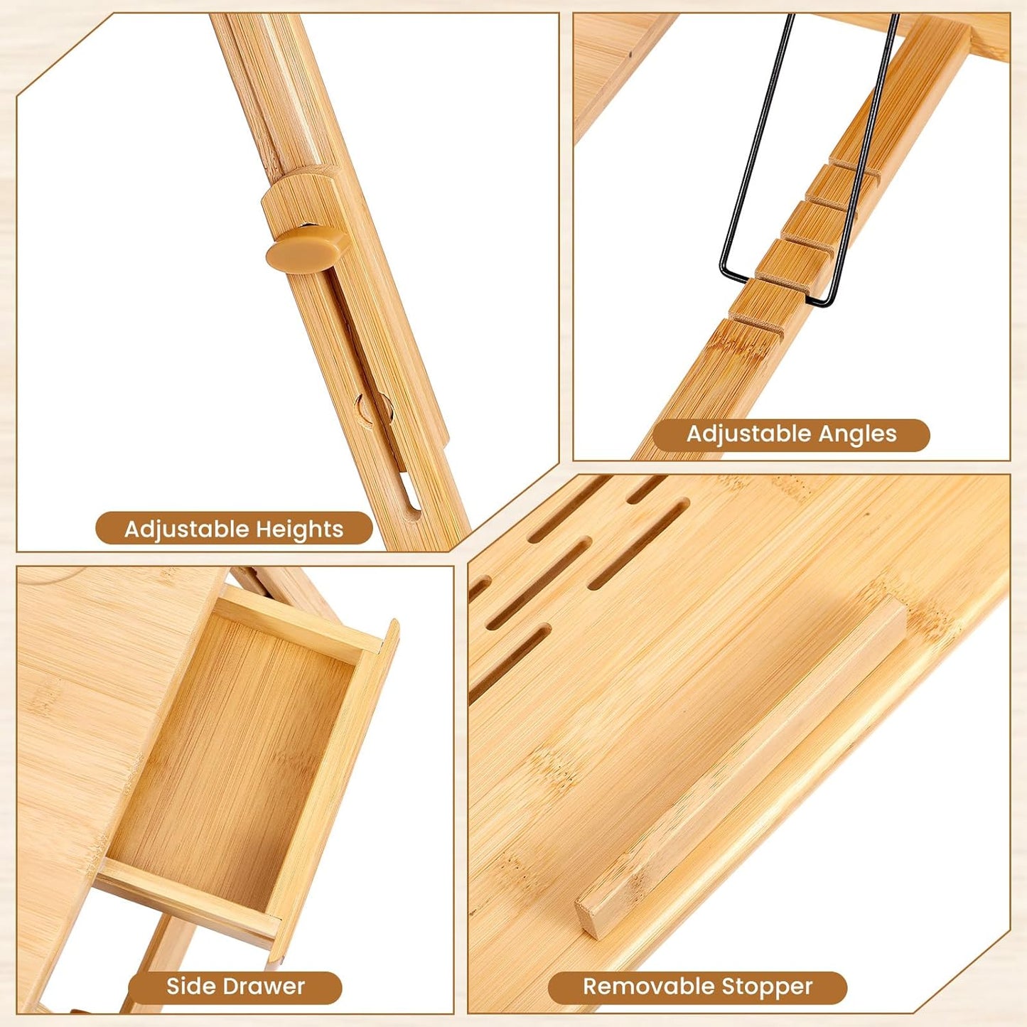 Bamboo Laptop Lap Desk with Vent, Folding Lap Tray Table with Adjustable Height, Tilting Top and Drawer, Portable for Bed Couch Working Reading Writing
