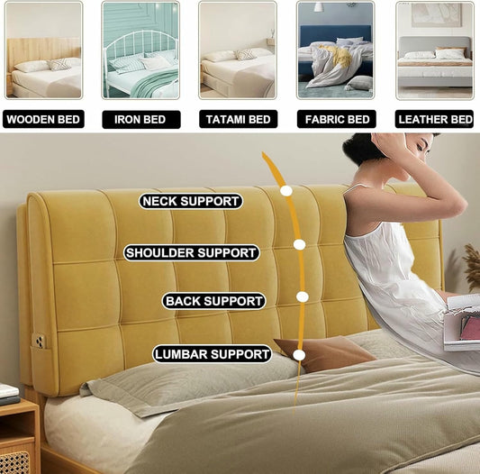 Khaki,Straps/71x23x4In,Large Bed Backrest Fleece Headboard Pillow Back Neck Lumbar Support Upholstered Reading Pillow Removable Daybed Bunk Bed Bedside Cushion