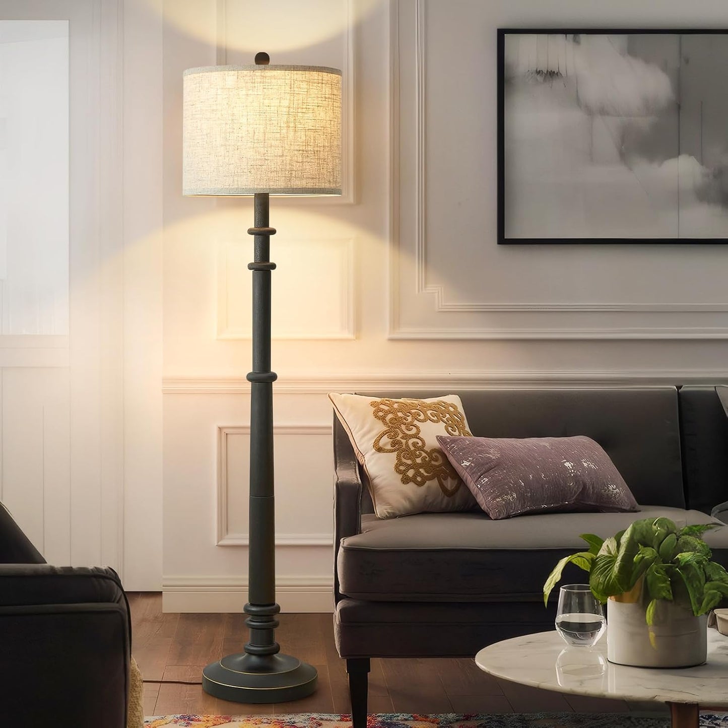 Floor Lamps for Living Room - 60" Resin Farmhouse Floor Lamp with Adjustable Color Temperatures - Vintage Standing Lamp Reading Light with Linen Shade Retro Tall Lamp for Bedroom Office, Black
