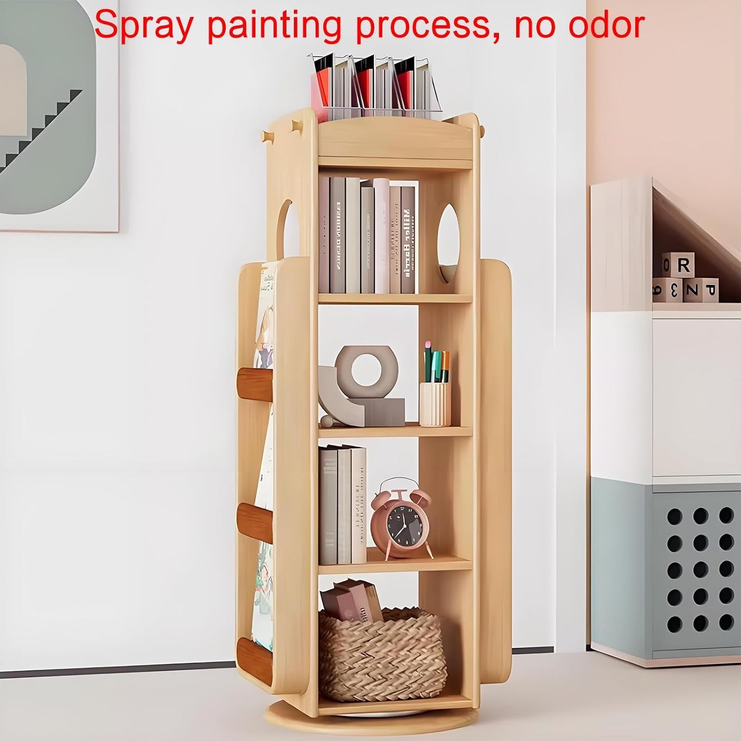 Rotating bookshelf,rotating bookshelf tower,spinning bookshelf,rotating book shelf,unique bookshelf,horizontal bookshelf,shelf,Suitable for living room, study, bedroom, office, balcony(Primary color,4