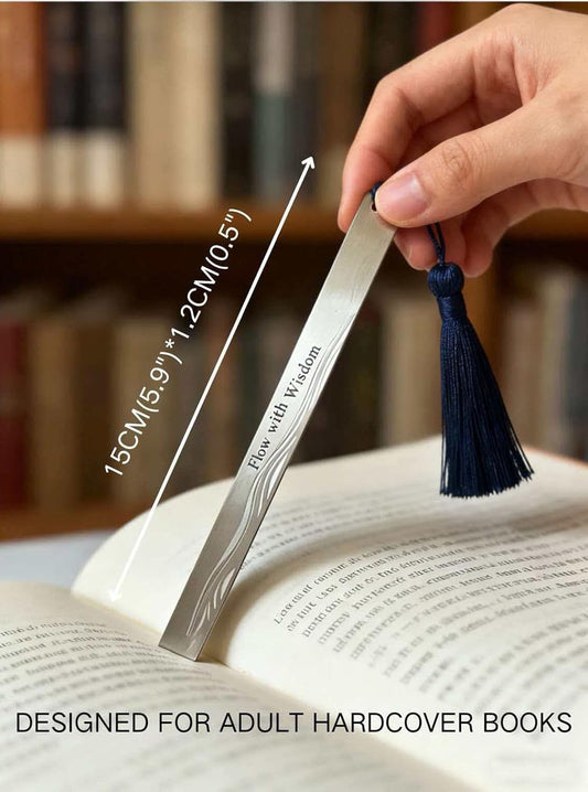 Stainless Steel Bookmark for Men - Flow with Wisdom Gift for Dad Husband and Book Lovers | Laser Engraved Metal Page Holder with Blue Tassel 5.9 Inches