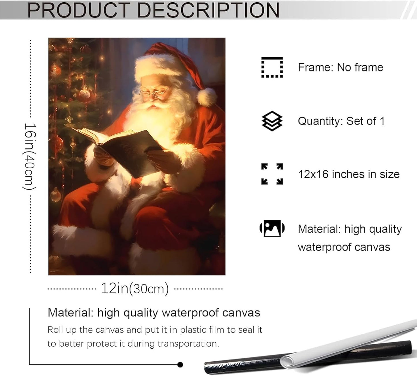 Vintage Christmas Canvas Wall Art, Santa Claus Reading Book Canvas Prints, Aesthetic Merry Christmas Poster for Home Office Xmas Picture Decor Winter Holiday Presents 12x16 Inch Unframed