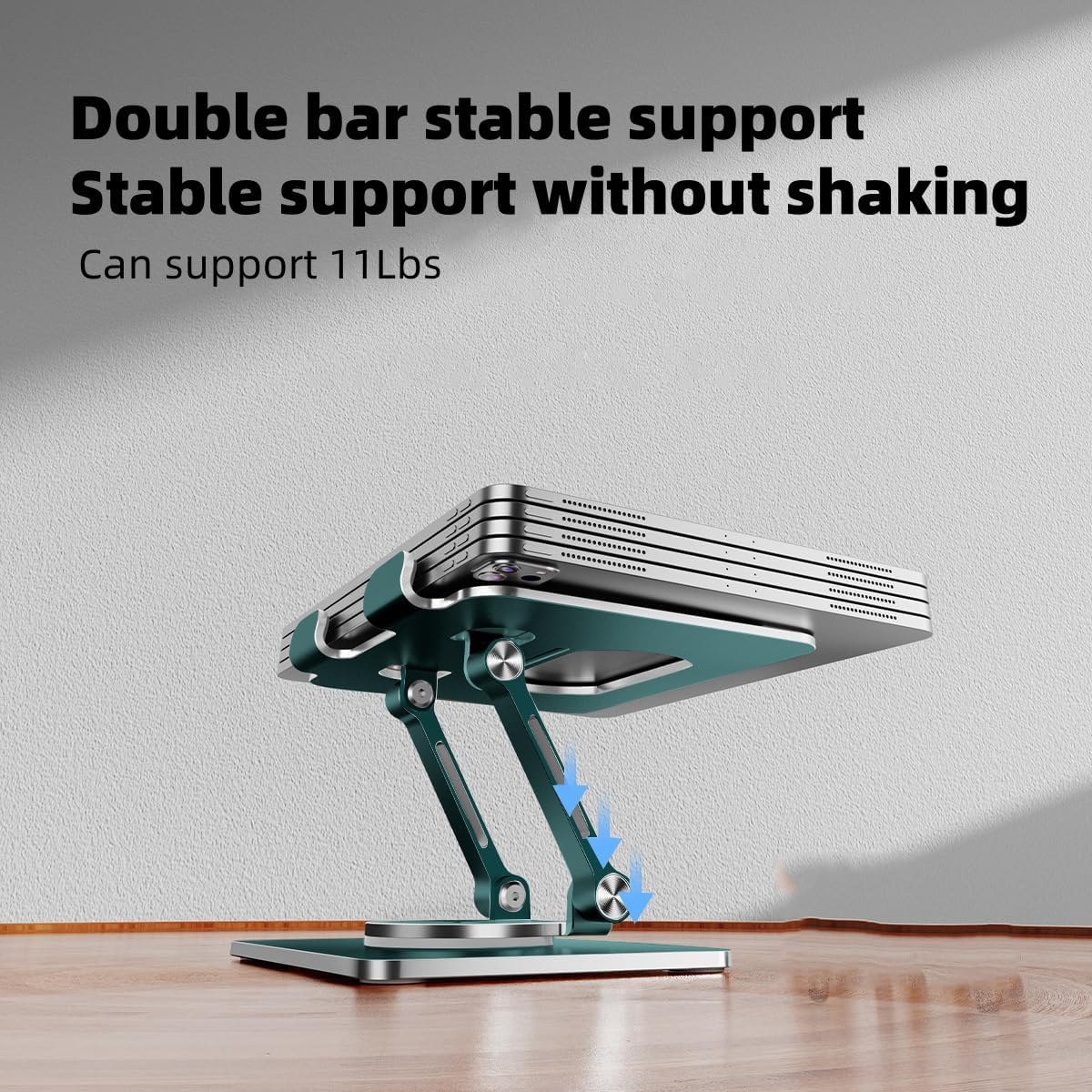 iPad Holder Stand, Tablet Holder with Thickened 360° Rotating Base Dual Rod Adjustable Aluminum Stand for All 4-12.9’’ iPad Surface Samsung Phone Tablet Kindle E-Reader and More, Space Gray