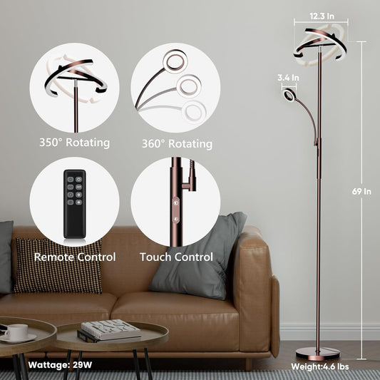 2-in-1 Brown LED Floor Lamp - 69" Dimmable Torchiere Standing Lamp with Remote Touch Control, 29W Bright Modern Floor Reading Lamp Pole Light for Living Room Bedroom Office Corner