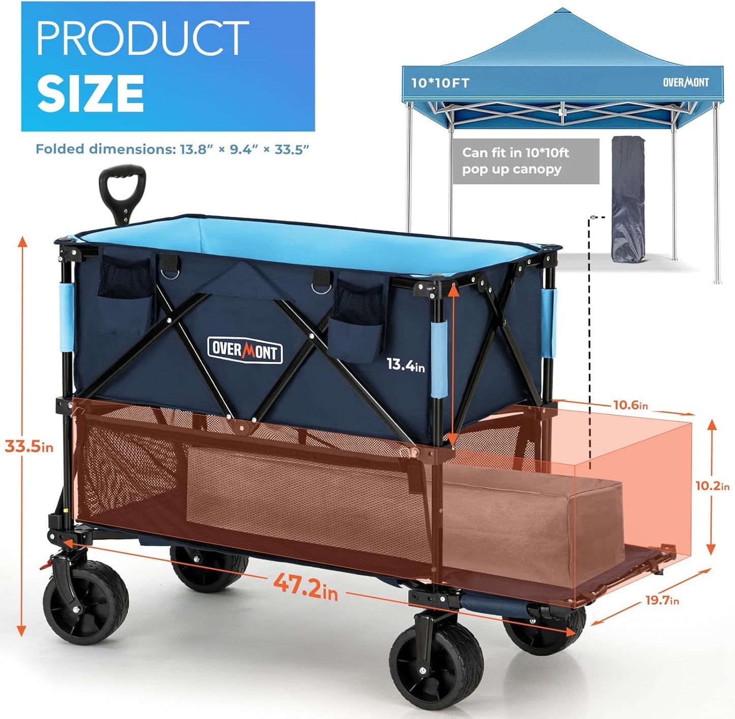 Overmont 400L Foldable Double Decker Wagon - Large Capacity Collapsible Wagon Cart- 47" Extra Long Extender - All-Terrain Big Wheels for Beach Sports Grocery, Support Up to 450lbs